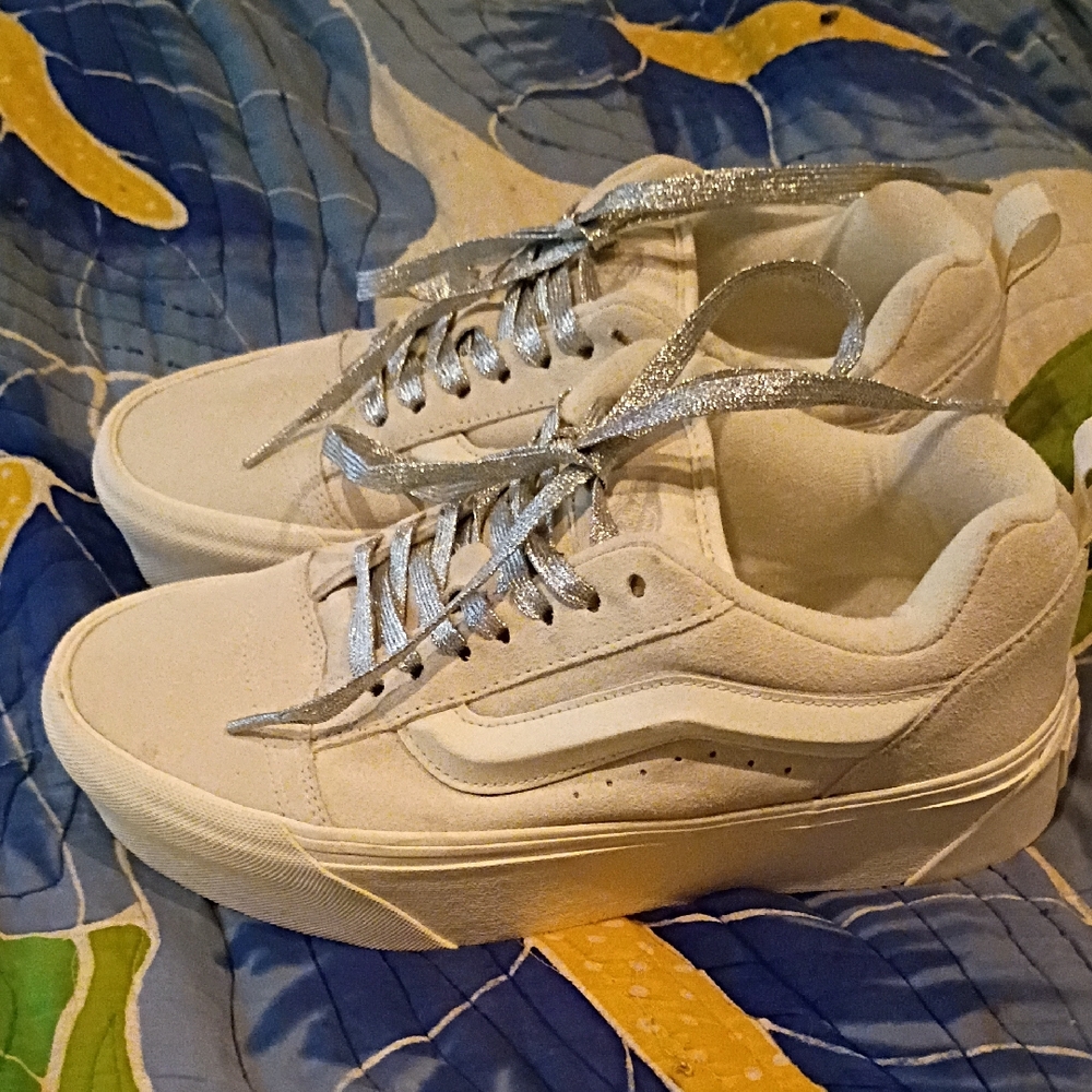 Vans White Suede Platform Shoes Silver Laces 10 Women